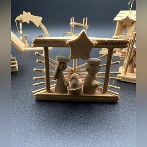 Vintage Miniature Christmas Ornament Nativity Creche Stable Wood Lot of 6 Carved